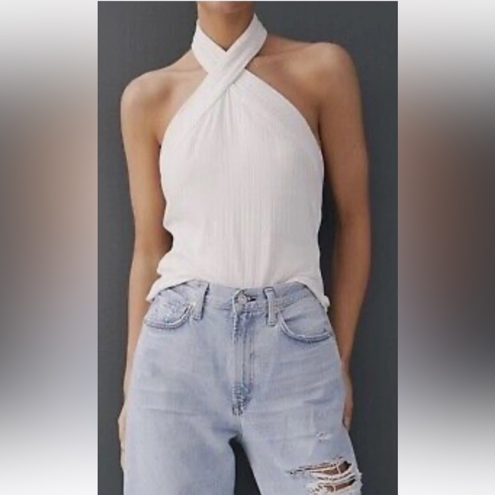 NWT Anthropologie Cross-Neck Halter Tank Top White Size XL Stretch Sexy Vacation